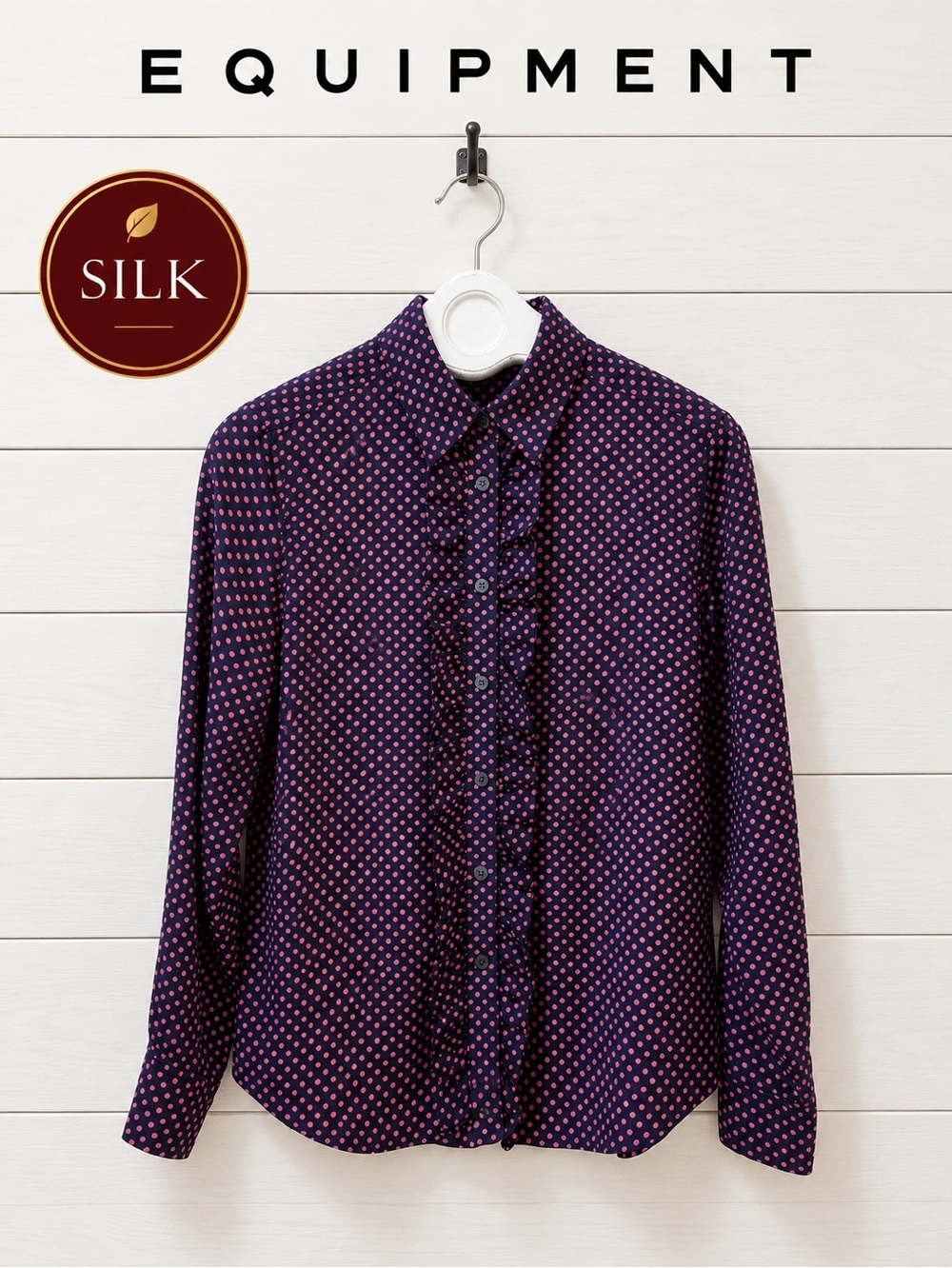EQUIPMENT Navy & Pink Red Polka Dot Silk Blouse Size M